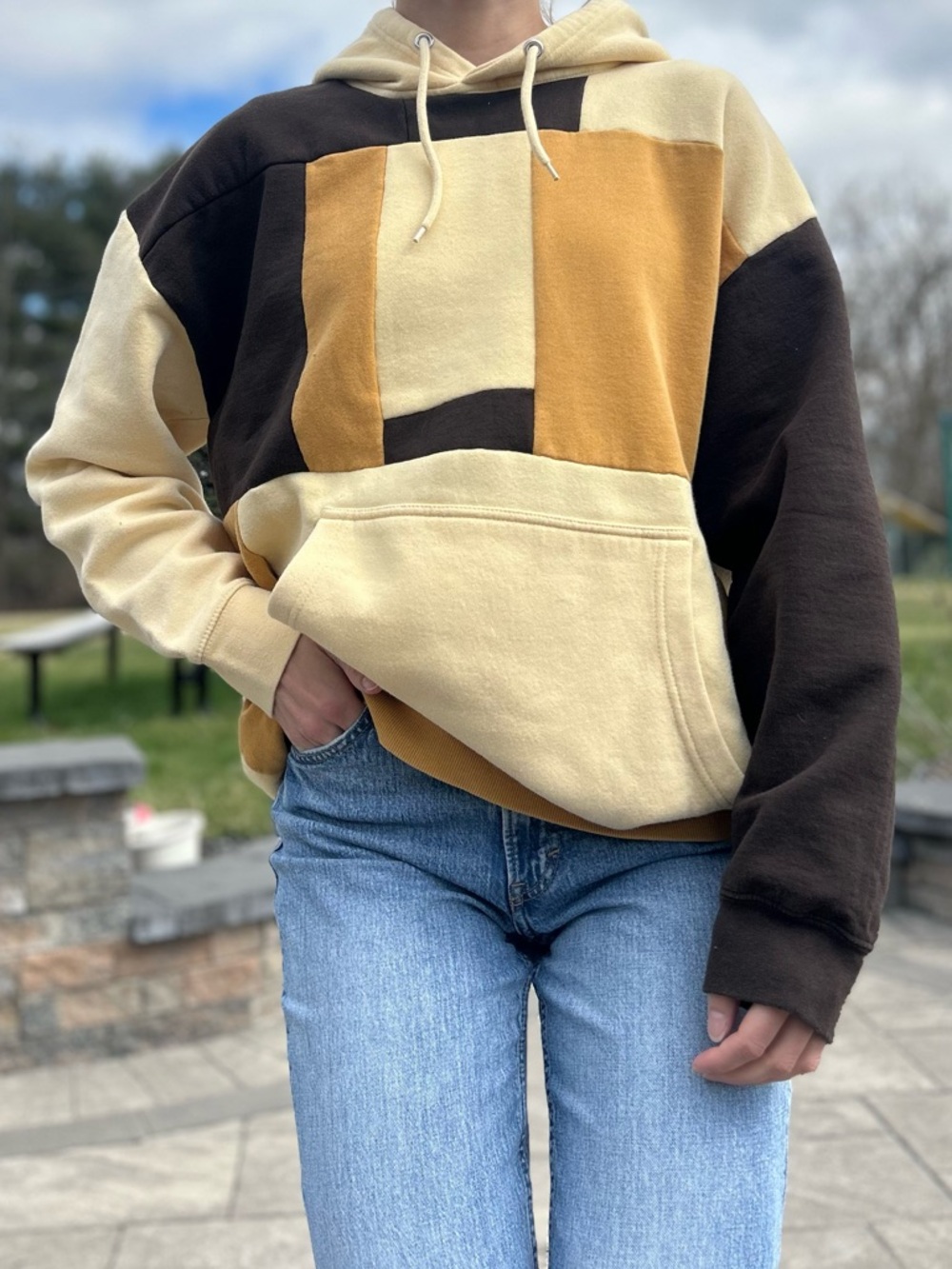 Handmade Patchwork Hoodie | Upcycled | Neutral Oversized M/L